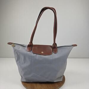 Longchamp Le Pliage Large Tote Bag Gray Brown Leather Handles Shoulder Purse